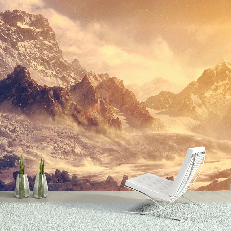 Nightfall Snow Mountain Wallpaper Mural Modern Smooth Wall Art in Brown for Living Room