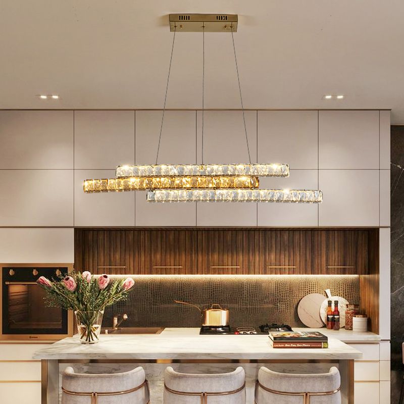 Crystal Encrusted Linear Island Light Fixture Minimalist LED Gold Suspension Pendant Light