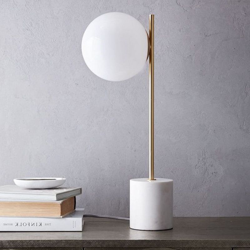 White Glass Spherical Table Lamp Modern 1 Head Reading Book Light with Marble Base