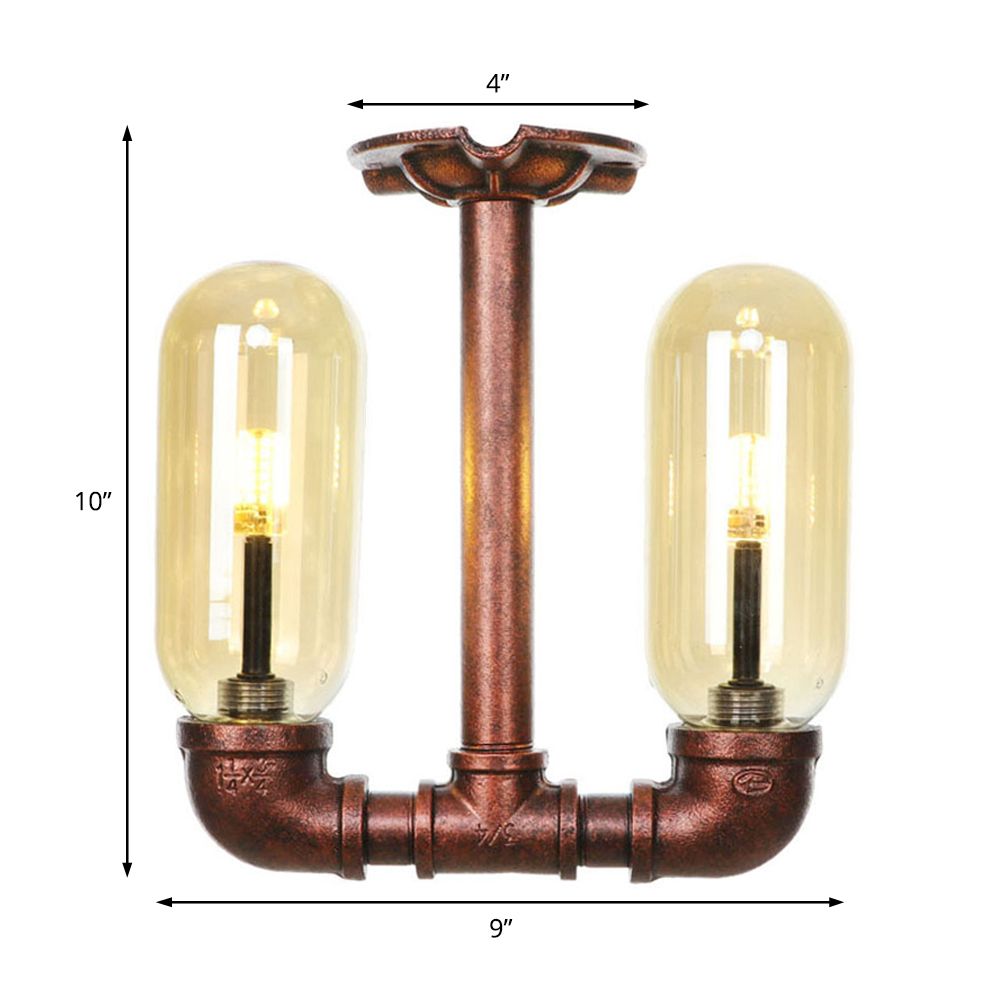 Capsule Shade Amber Glass Semi Flush Industrial 2-Bulb Dining Room Light Fixture in Weathered Copper