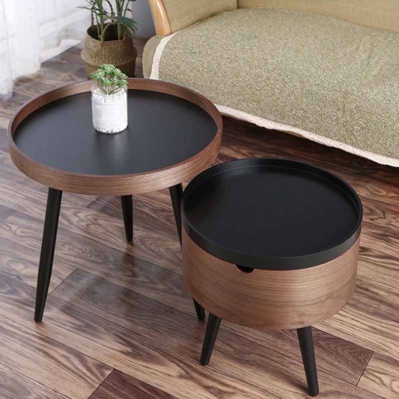 Modern Style Round 3 Legs Side Table Set in Black with Storage