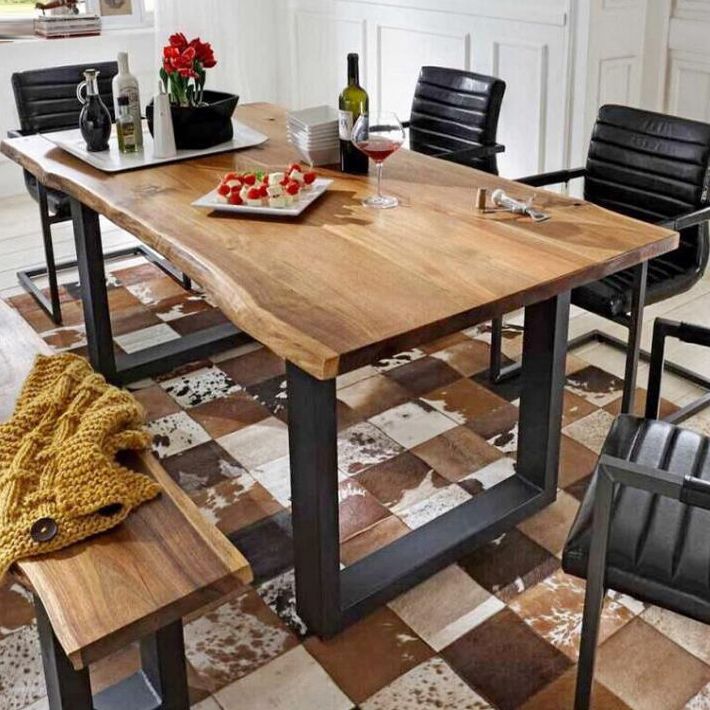 Metal Industrial Rectangle Indoor Table Solid Wood Top Table with Sled Base