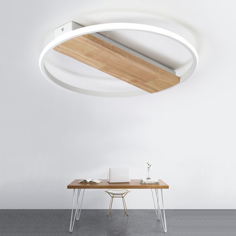 Modern LED Ceiling Light Fixture White Circular Ceiling Mounted Light with Wooden Shade