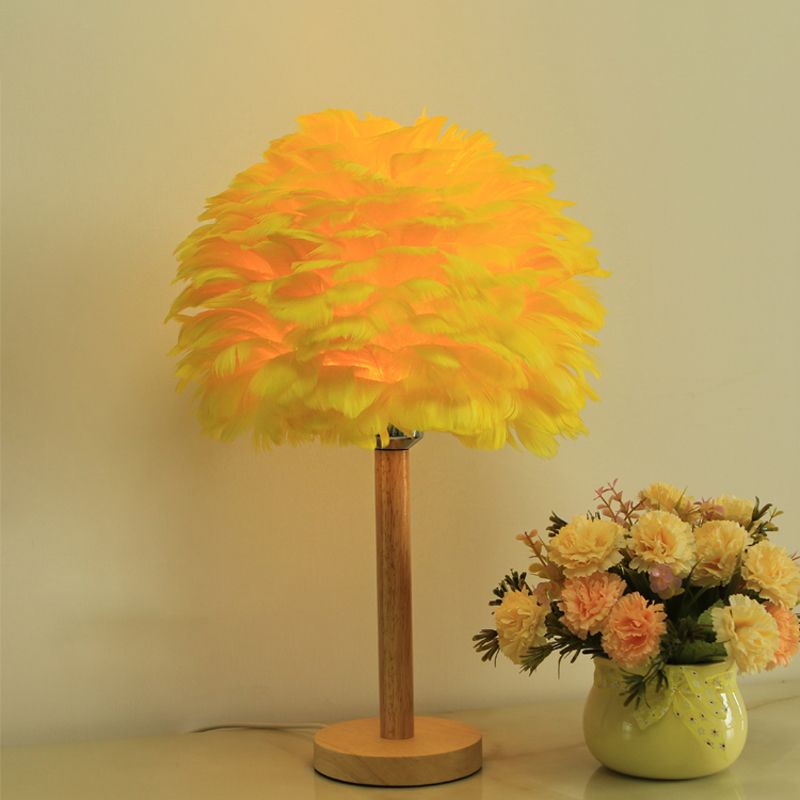 Feather Flower-Like Night Lamp Modern 1-Light Grey/Blue/Burgundy and Wood Table Light for Bedroom