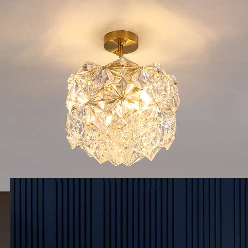 Gold Canopy 3 Bulbs Semi Flush Light Contemporary Hexagon-Shape Crystals Sphere Ceiling Mount