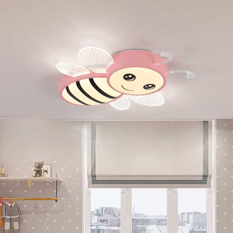 Bee Flush Mount Fixture Kids Plastic Pink/Yellow/Blue LED Close to Ceiling Lamp for Children Bedroom