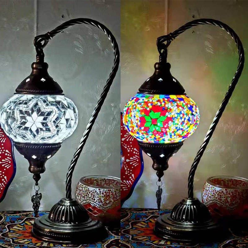 1 Bulb Gooseneck Table Light Moroccan Mosaic Stained Glass Night Light with Globe Shade
