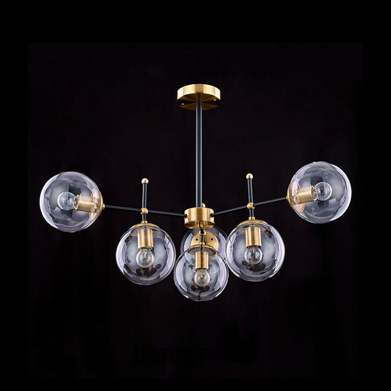 Globe Ceiling Mount Chandelier Vintage Smoke Glass 6-Light Living Room Semi Flush Light Fixture in Black-Brass