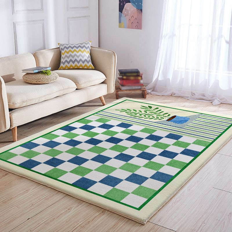 Green Modern Rug Polyester Grid Area Rug Stain Resistant Rug for Living Room