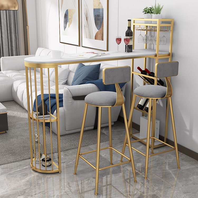 White Stone Glam Indoor Bar Dining Table Iron Double Pedestal Bistro Table with Shelve