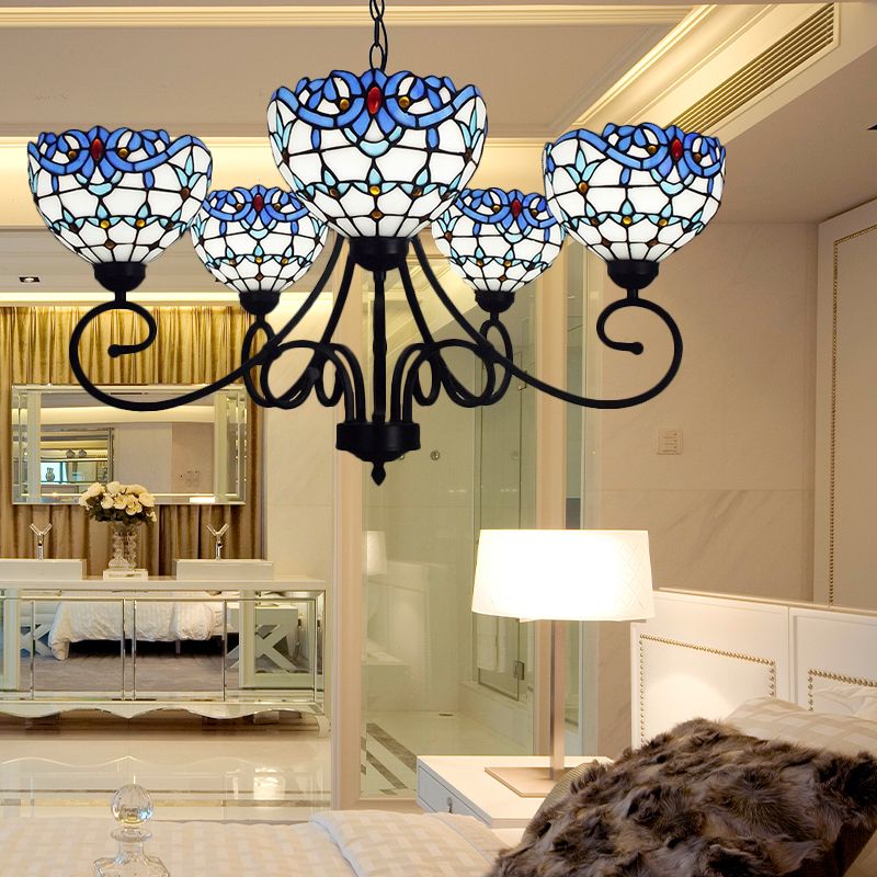 Victorian Bowl Pendant Light 5 Lights Stained Glass Indoor Chandelier in Blue for Foyer