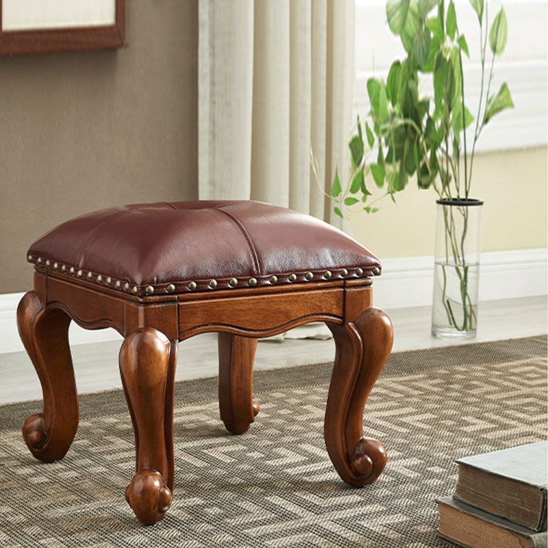 Mid-Century Modern Pouf Ottoman Genuine Leather Tufted Nailhead Trim Rectangle Ottoman