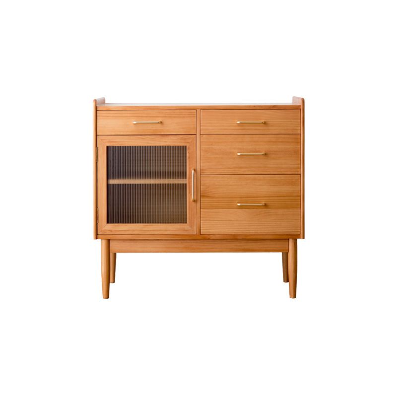 Modern Pine Solid Wood Sideboard 4-drawer Antique Finish Dining Server with Glass Door