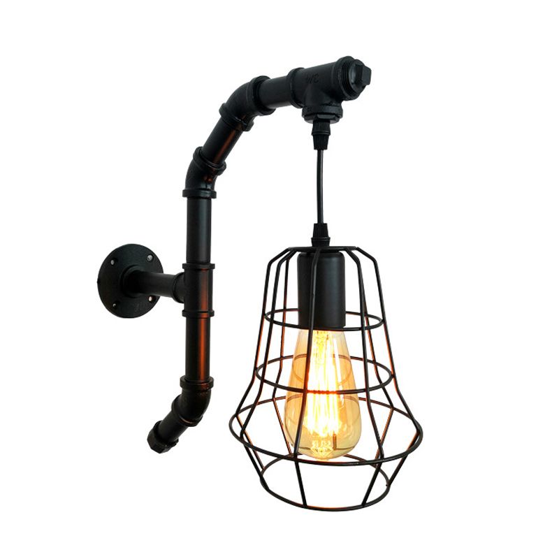 1 Light Cage Wall Lighting Fixture Industrial Black Metal Sconce Light for Bedroom