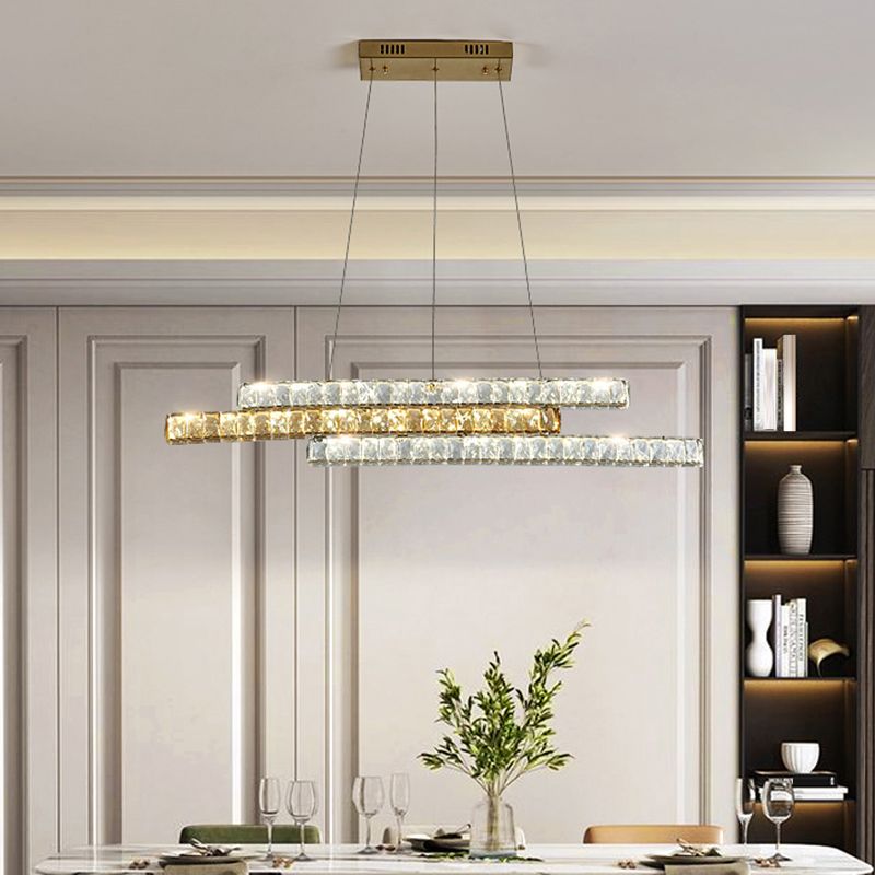 Crystal Encrusted Linear Island Light Fixture Minimalist LED Gold Suspension Pendant Light