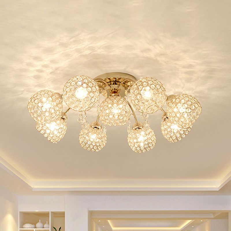 6/9 Heads Semi-Flush Mount Light Minimalist Ceiling Mounted Fixture with Sphere Crystal Embedded Shade in Gold