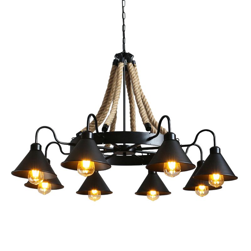 Multi Lights Black Hanging Chandelier Light Industrial Rope Cone Pendant Lamp