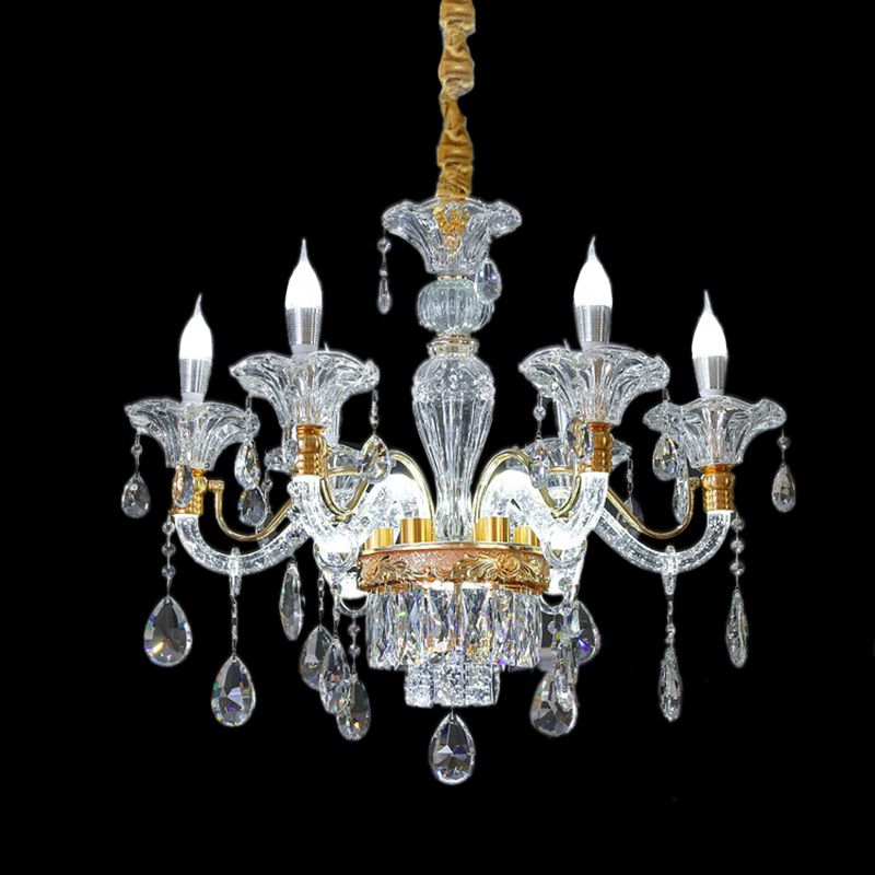 Duidelijke Crystal Gold Suspension Lamp Candlestick 6 Heads Traditionele kroonluchter verlichting voor Hall