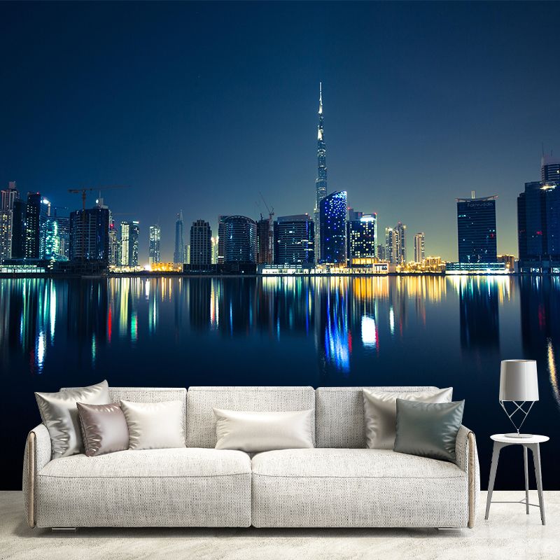 Dubai Night City View Mural Bright Stain Resistant Wall Covering for Living Room