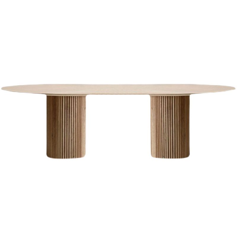 Oval Double Pedestal Modern Dining Table White Fixed Table with Solid Wood
