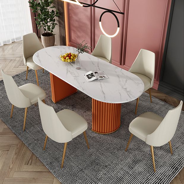 Mesa blanca de piedra sinterizada ovalada, mesa de pedestal doble de lujo para comedor