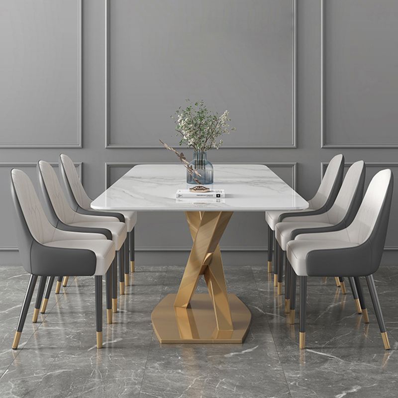 Modern Sintered Stone White Dining Set with Rectangle Table and Gold Legs Formal Dining Set