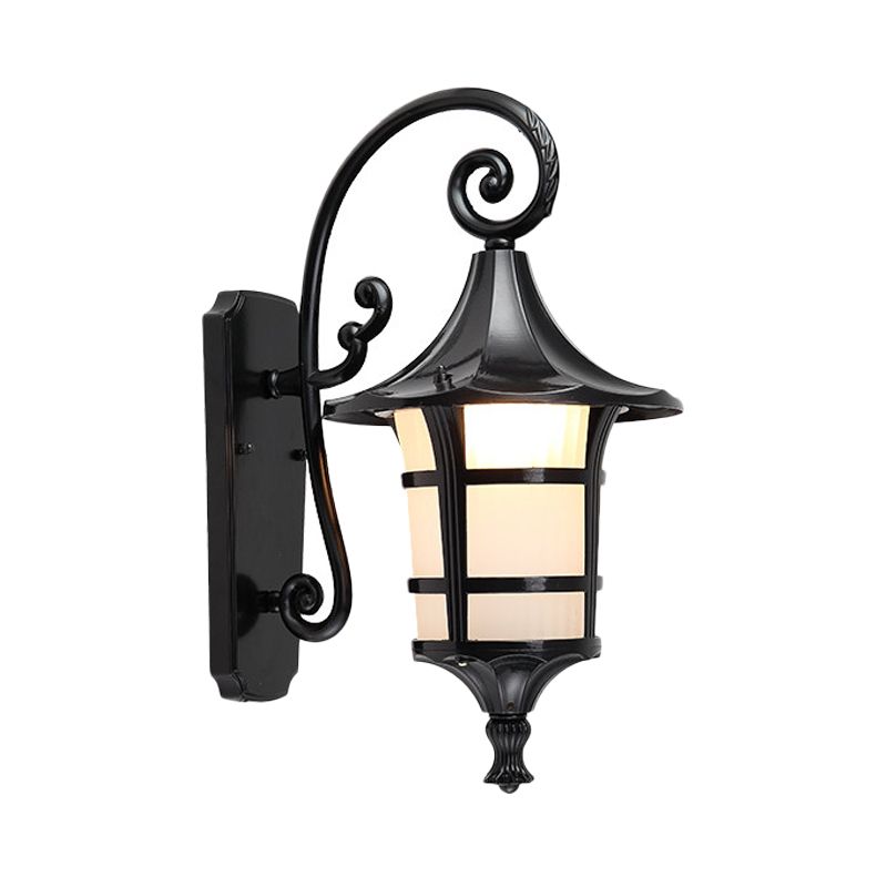 1 Bulb Wall Light Farmhouse Yard Wall Sconce Lighting with Lantern Opal Glass Shade in Black/Coffee