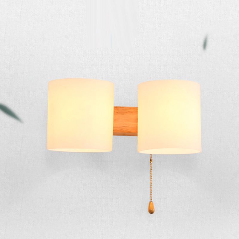 Lámpara de pared de madera de madera de pared cilíndrica moderna de pared con sombra de vidrio blanco