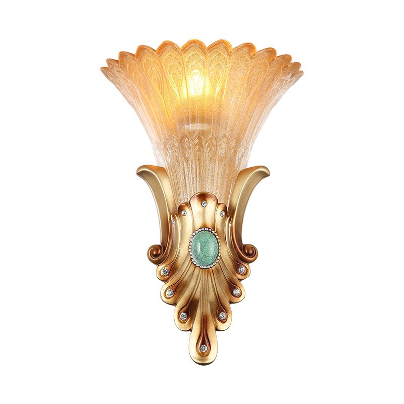Scalloped Corridor Wall Sconce Loft Style Amber Ribbed Glass 1-Bulb Gold Wall Lighting with Peacock Feather Design