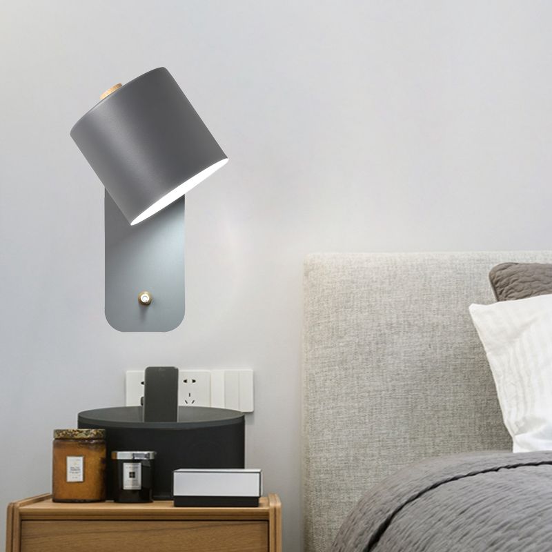 1 Bulb Tube Sconce Modernist Metal Wall Lighting Fixture in Grey/Green with Ractangle Backplate