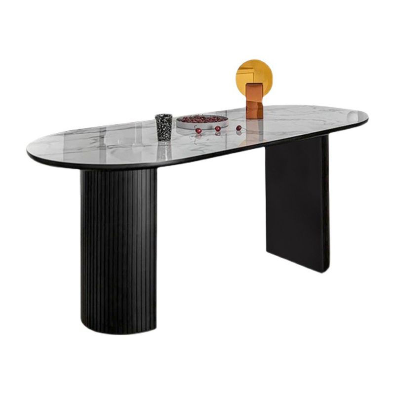 Modern Oval Dinette Table Sintered Stone Top Black Steel Double Pedestal Table