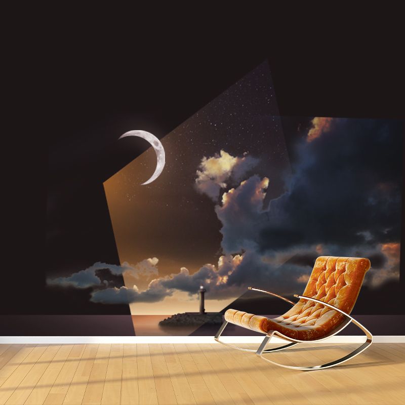 Brown Sci-Fi Wall Murals Full Size Crescent over Isolated Island Wall Decor for Bedroom