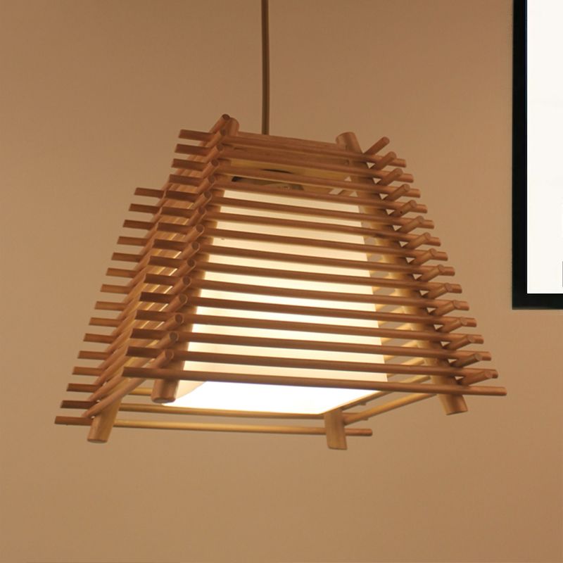Colgante de suspensión trapezoide de madera japonesa de madera de 1 luz de madera luz colgante con sombra de vidrio blanco para dormitorio