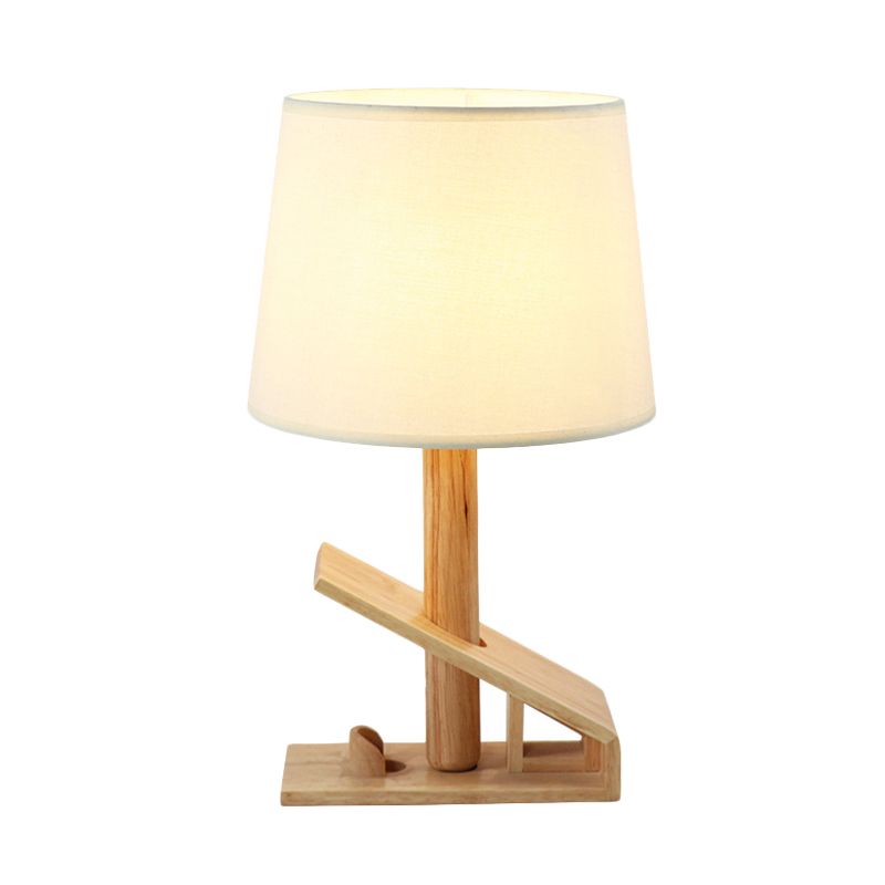 Clip Shape Wood Nightstand Light Modern 1-Light White Adjustable Fabric Table Lamp with Plug-In Cord