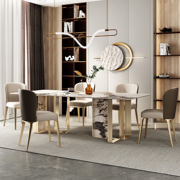 Luxury Style Sintered Stone Dining Table Double Pedestal Base Rectangle Table