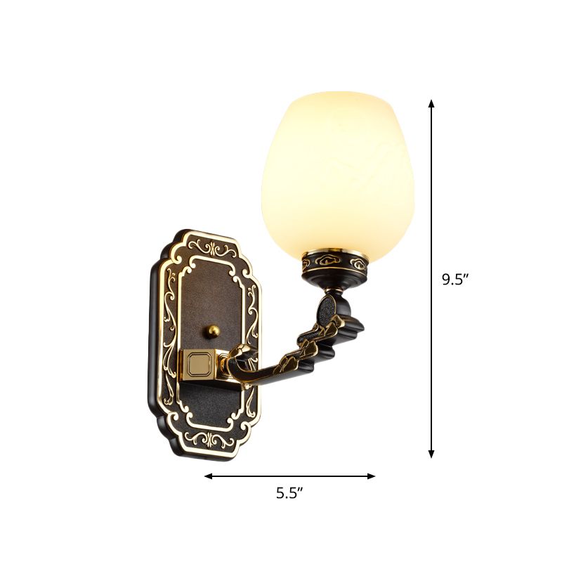Classic Cup-like Wall Sconce 1-Head Cream Glass Etching Wall Mounted Lighting in Black
