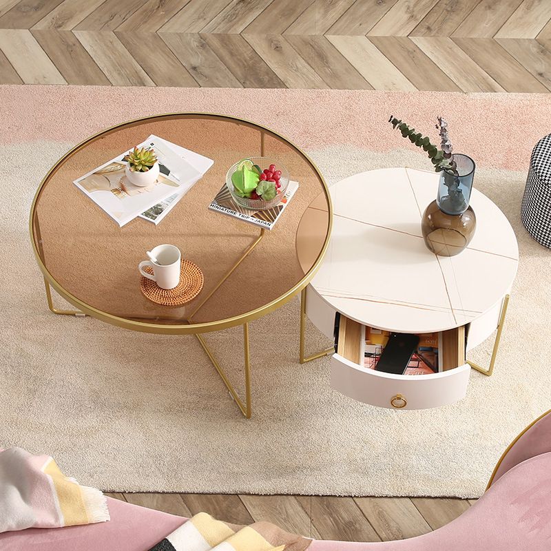 Glass and Slate Cross Legs Coffee Table Modern Round Table for Living Room