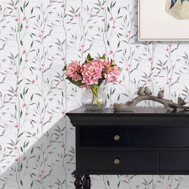 Floral Peel and Stick Wallpaper in Red-Green on White Countryside Wall Art for Living Room, Temporary