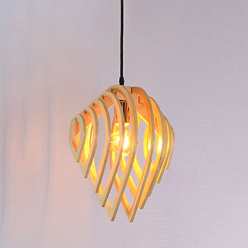 1 Bulb Bedroom Ceiling Lighting Asian Beige Hanging Light Fixture with Laser Cut Wood Shade