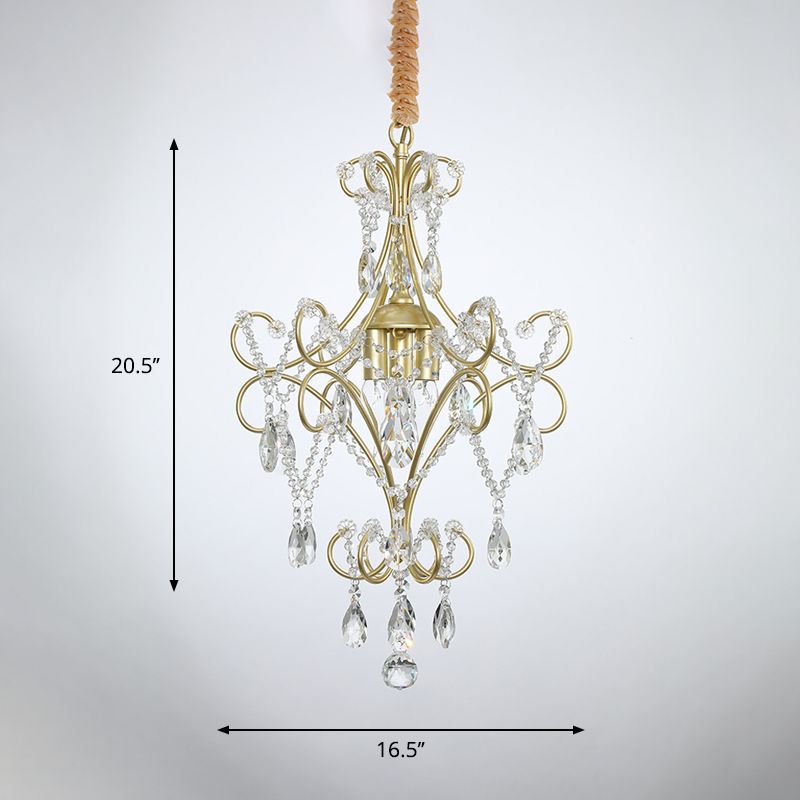 3 Lights Beaded Chandelier Lighting Country Gold Finish Crystal Pendant Light Kit with Scrollwork Design