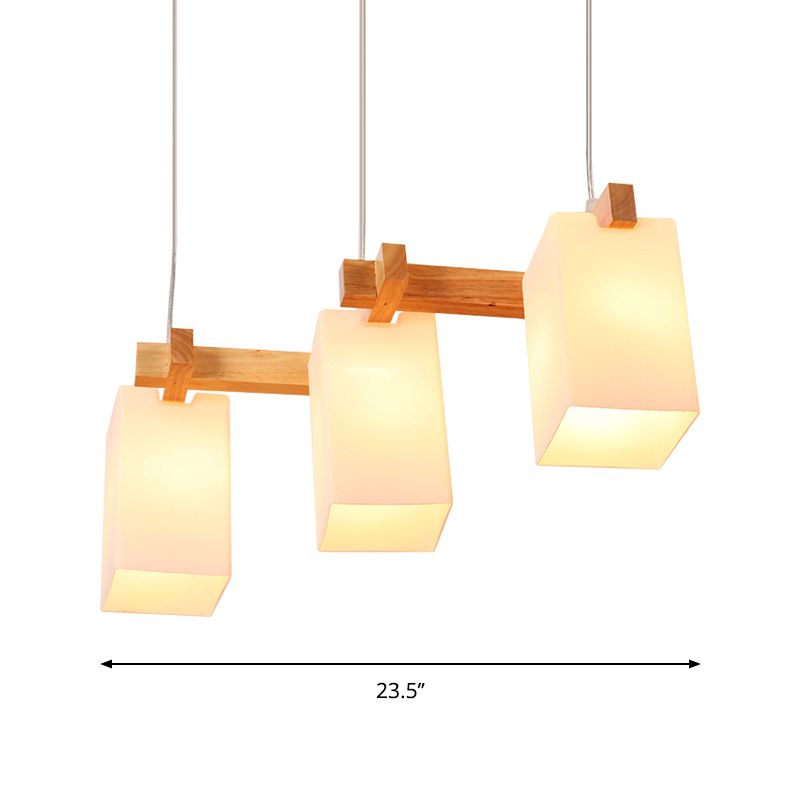 Glass Rectangle Shade Linear Chandelier Restaurant Triple Light Nordic Wooden Island Lighting in White