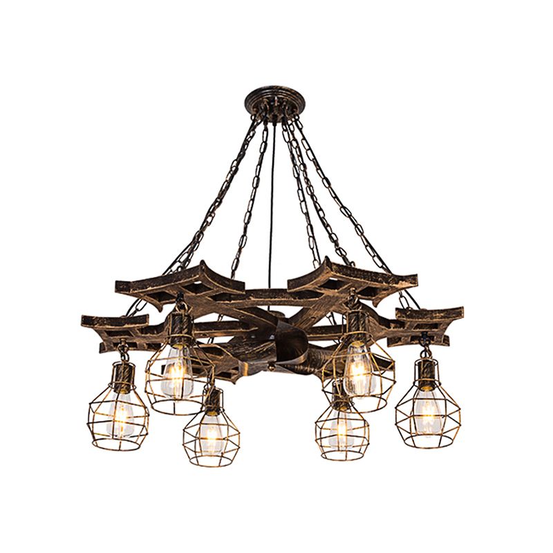 6 Bulbs Globe Chandelier Light Vintage Bronze Metal Hanging Ceiling Fixture with Cage