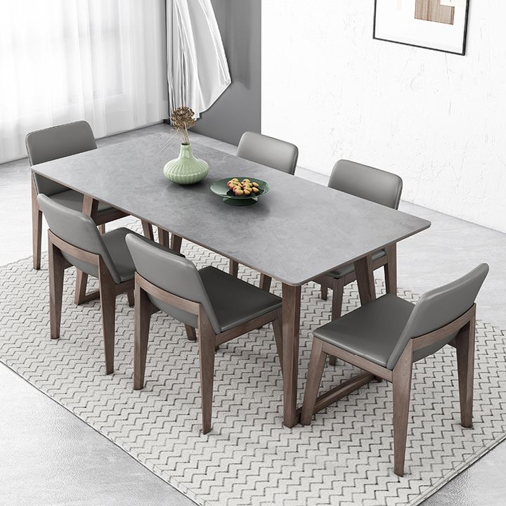 Mid-Century Modern Dining Table Gray Sintered Stone Dining Table with Wood Base