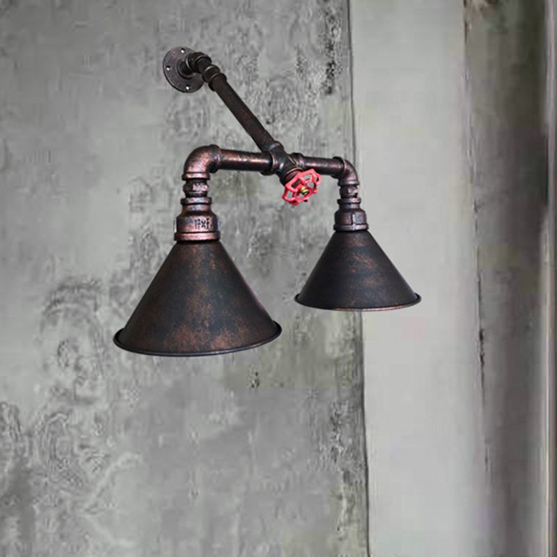 Flared Metallic Wall Mount Lighting Antiqued 2 Bulbs Living Room Sconce in Black with Red Valve Deco
