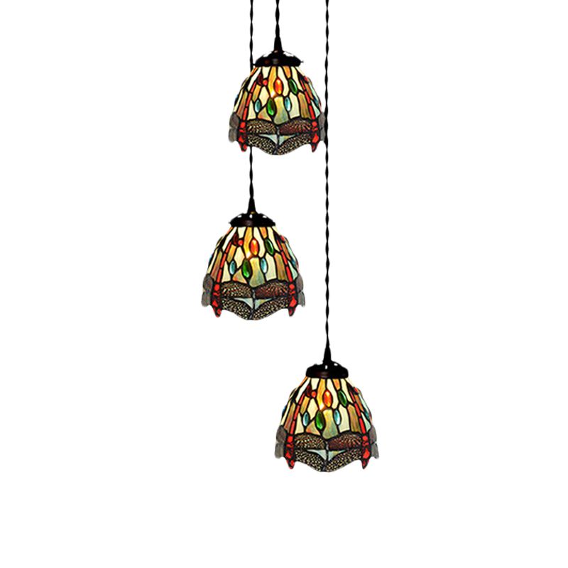 3-Head Ceiling Lamp Tiffany Domed Stained Glass Cluster Pendant Light in White/Red/Yellow with Dragonfly/Grape/Rose Pattern