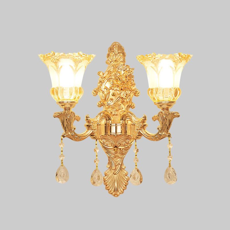 2 Lights Flower Wall Sconce Lighting Mid Century Gold Clear Ruffle Glass Wall Mounted Lamp