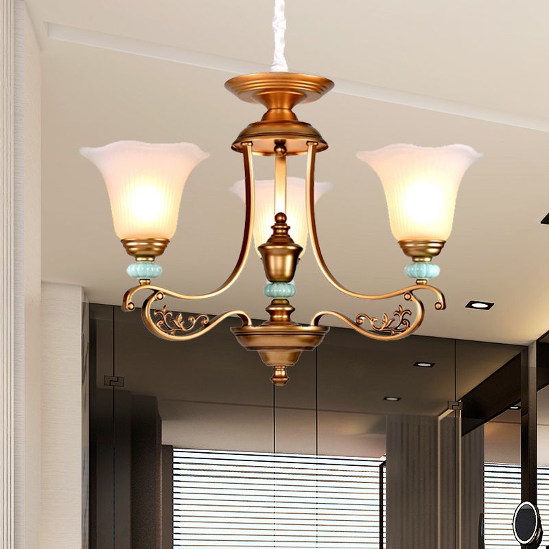 3/6/8-Head Bloom Ceiling Chandelier Rustic Style Gold Milky Glass Suspended Lighting Pendant with Curvy Arm