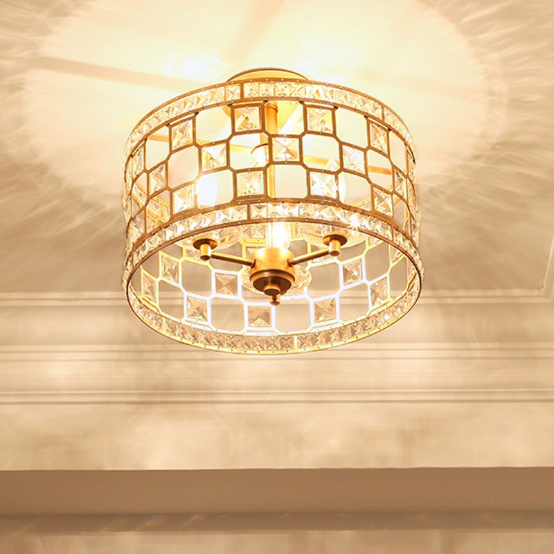 3 Bulbs Cylinder Semi Flush Light Traditionary Clear Glass Ceiling Mounted Fixture in Silver/Gold for Dining Room