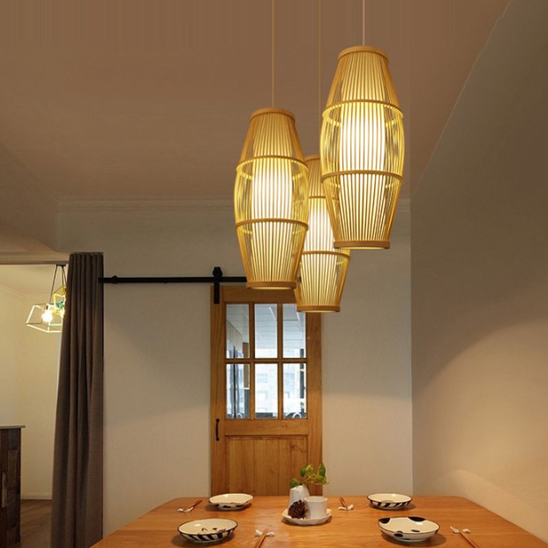 Asiatische Ellipse Schatten hängend Licht für das Handwerk mit Bambus -Suspension Licht in Beige