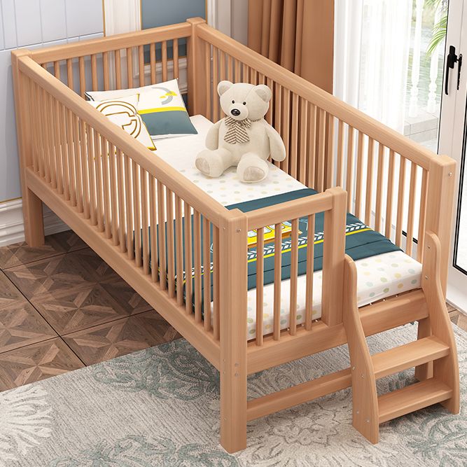 Glam Style Solid Wood Nursery Bed in Nature with Mattress and Guardrail